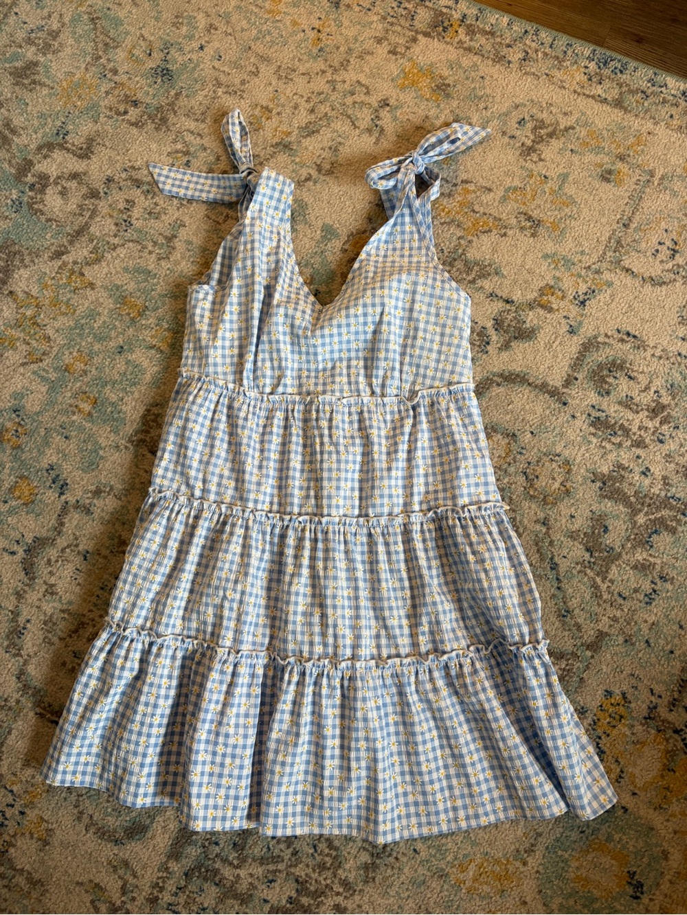 Women’s Blue Gingham Tie-Shoulder Tiered Sundress